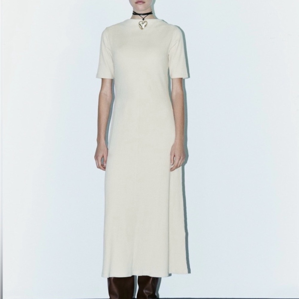 Cream Ribbed A-line Midi Dress Short Sleeve Essential Capsule  Work Neutral L